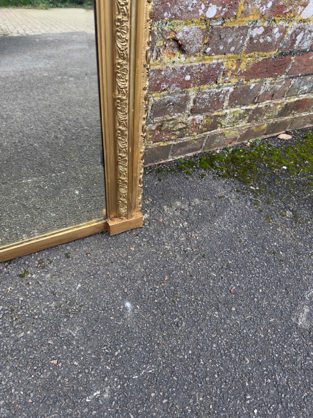 A Stunning large Antique English 19th Century carved wood & gesso arched top silver/gilt Overmantle Mirror. View V
