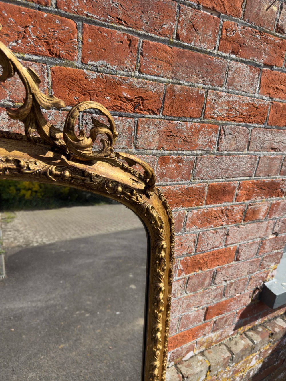 A Stunning large Antique English 19th Century carved wood & gesso arched top gilt Overmantle Mirror. View II