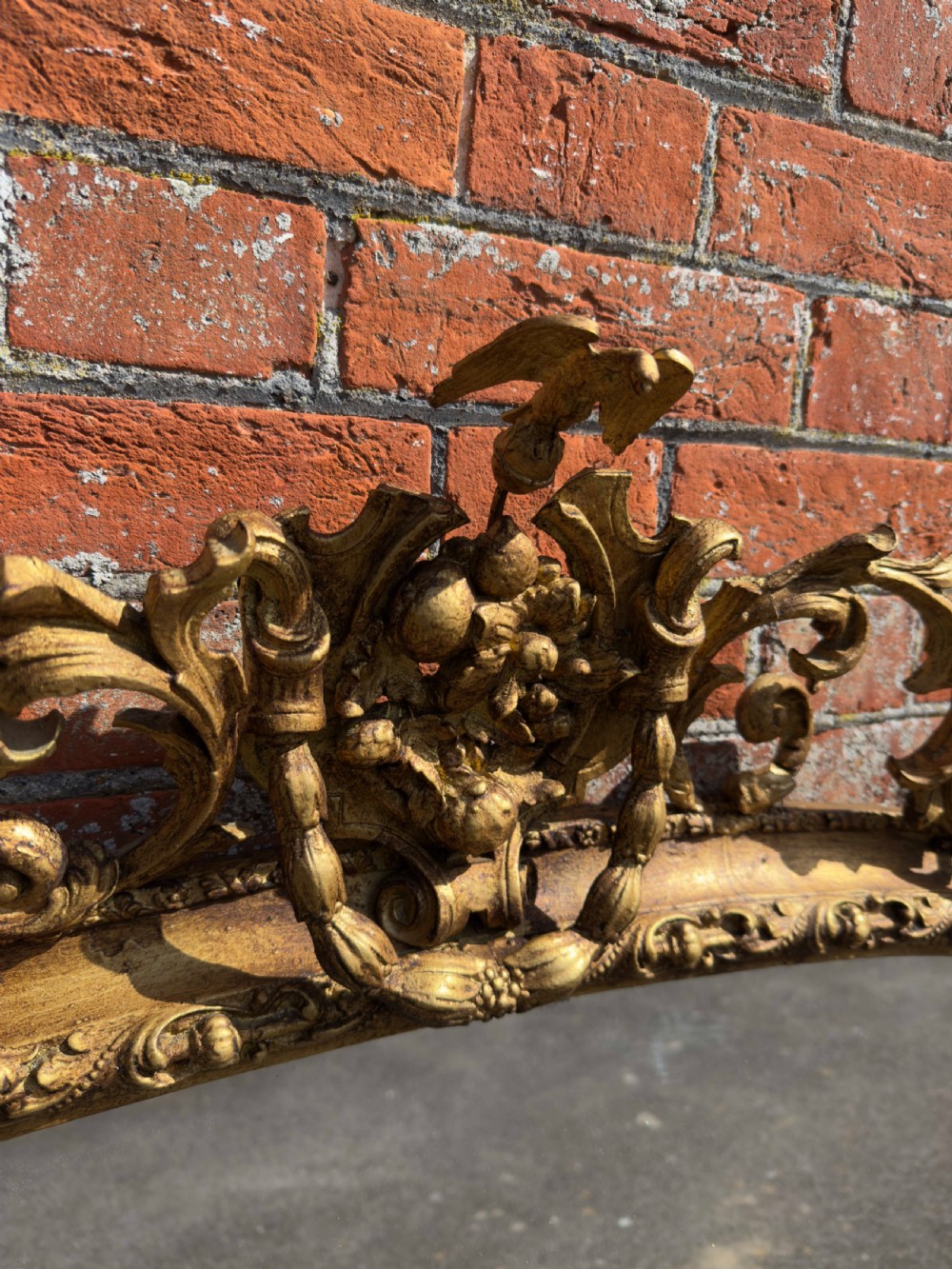 A Stunning large Antique English 19th Century carved wood & gesso arched top gilt Overmantle Mirror. View IV