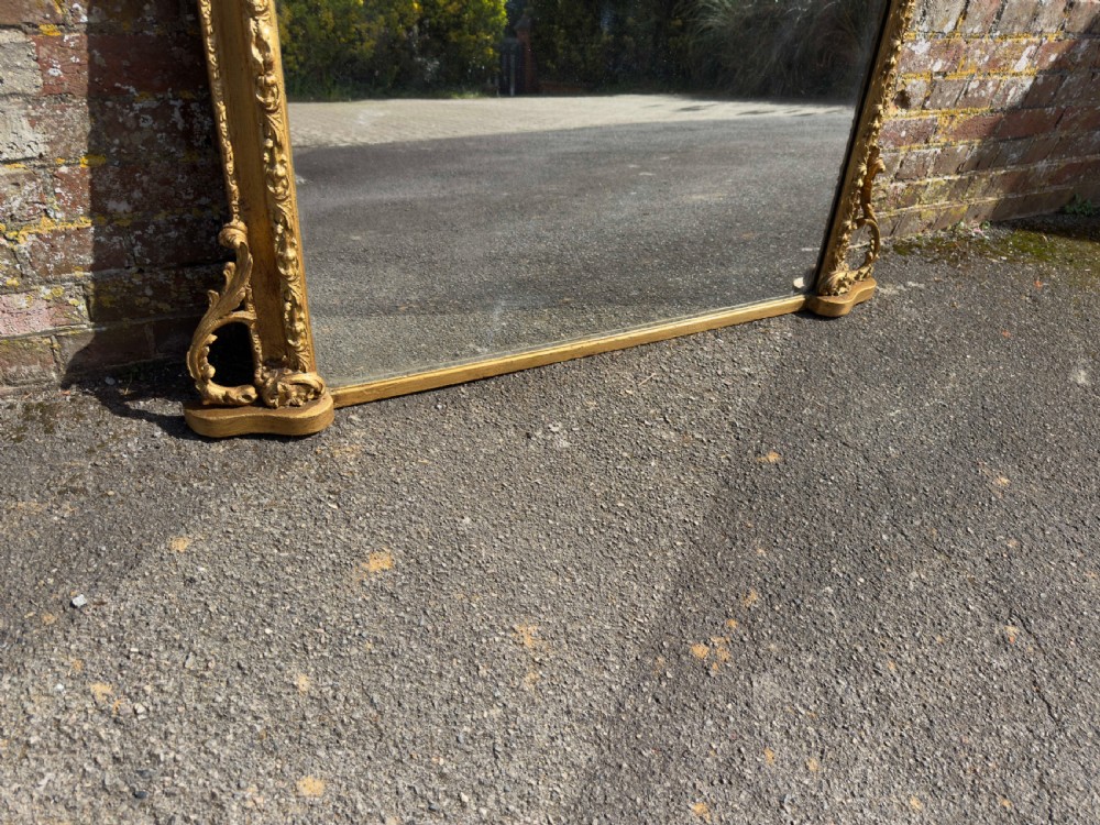 A Stunning large Antique English 19th Century carved wood & gesso arched top gilt Overmantle Mirror. View VI