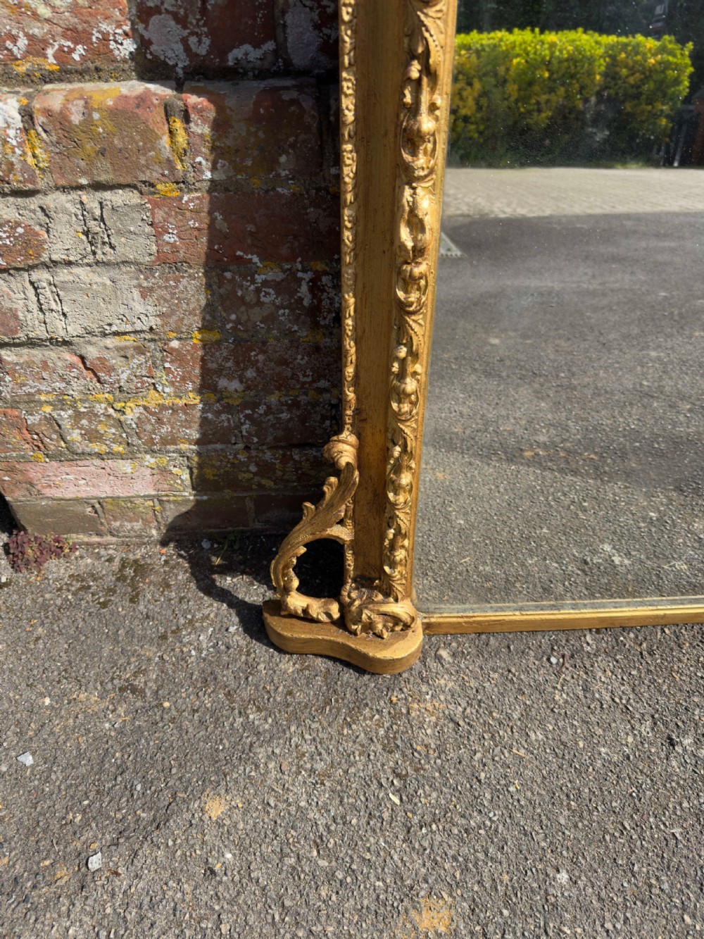 A Stunning large Antique English 19th Century carved wood & gesso arched top gilt Overmantle Mirror. View VII