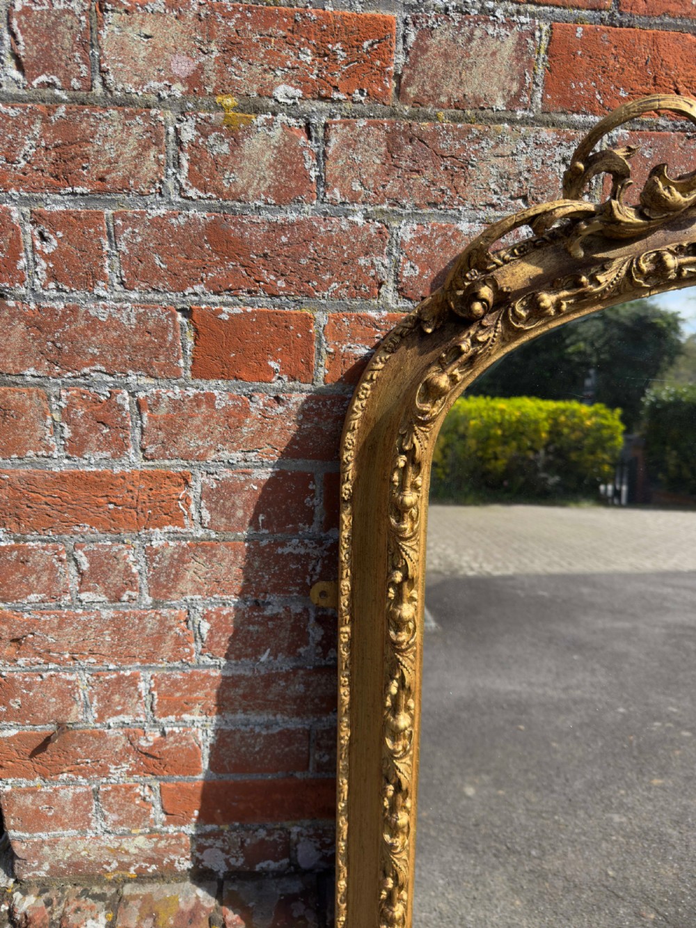 A Stunning large Antique English 19th Century carved wood & gesso arched top gilt Overmantle Mirror. View VIII
