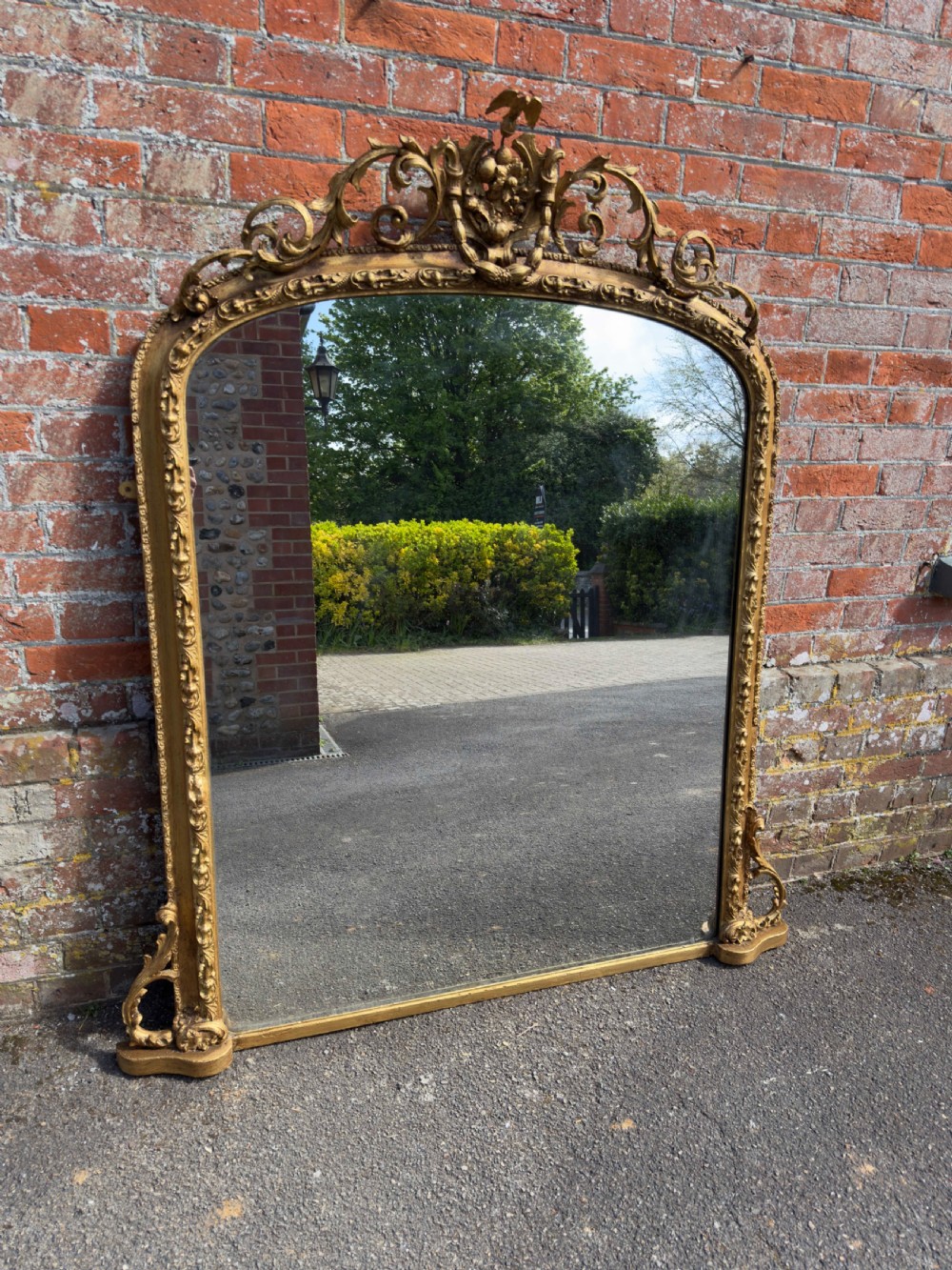 A Stunning large Antique English 19th Century carved wood & gesso arched top gilt Overmantle Mirror. View IX