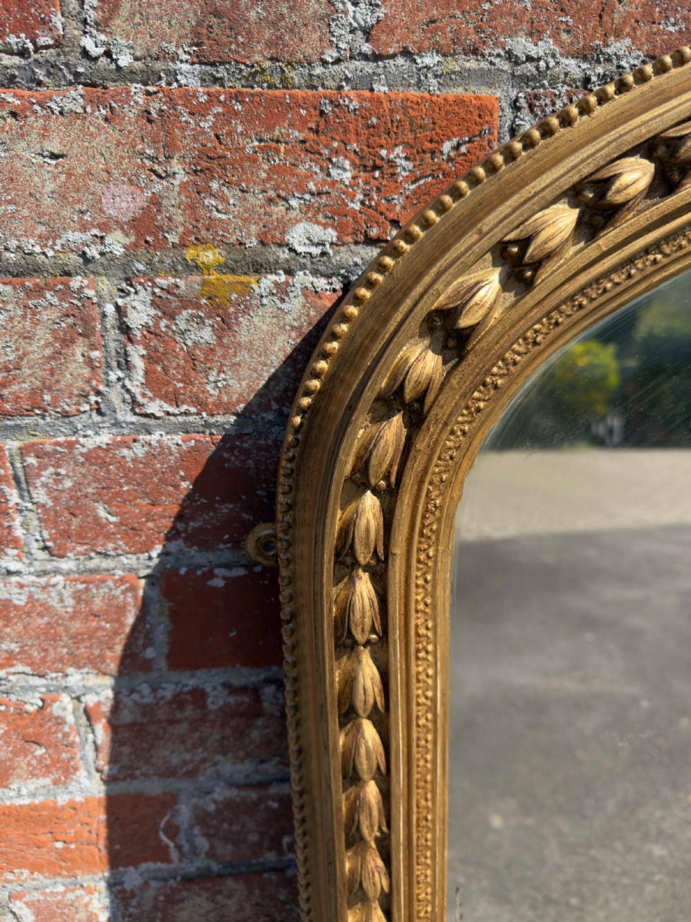 A Spectualar Large Antique English 19th Century carved wood & gesso arched top gilt Tulip framed Overmantel Mirror. View V