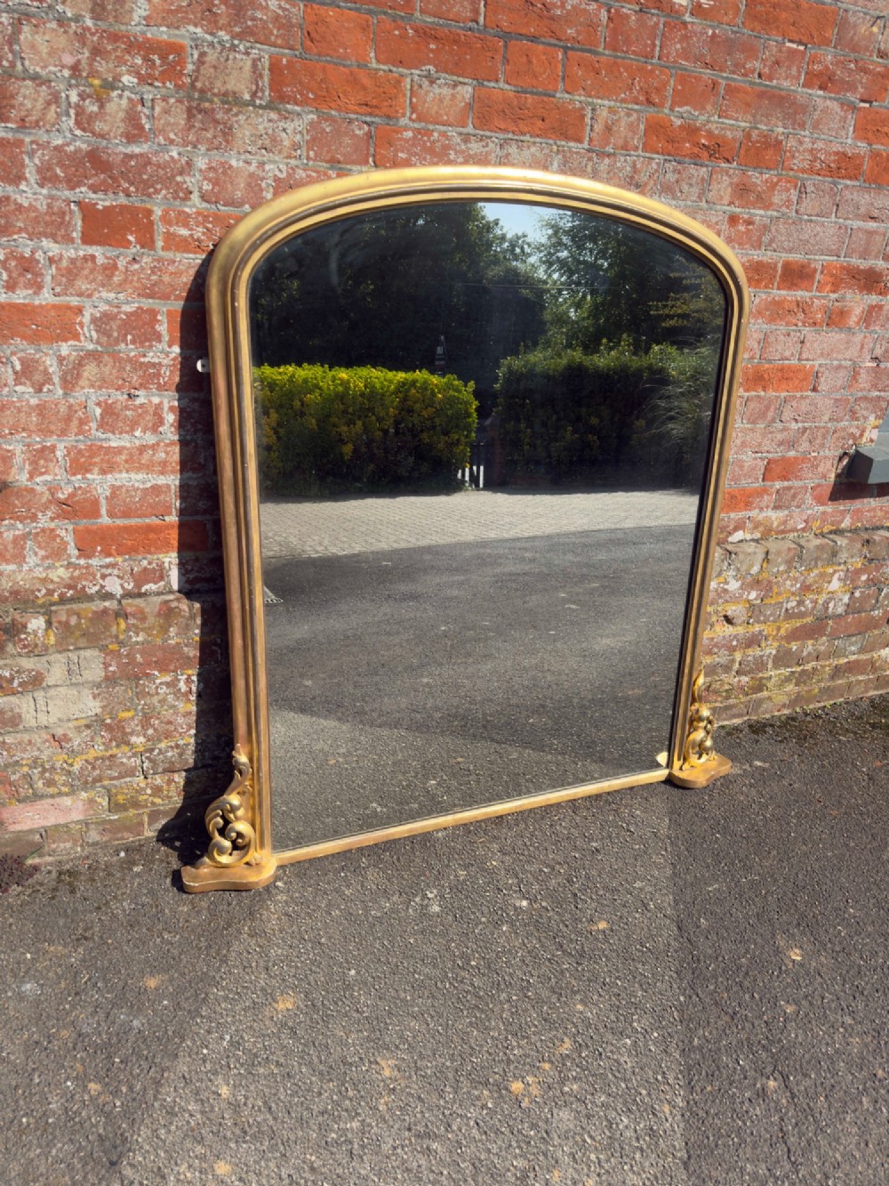 An Exceptional large Antique English 19th Century arched top gilt Overmantel Mirror. View VI