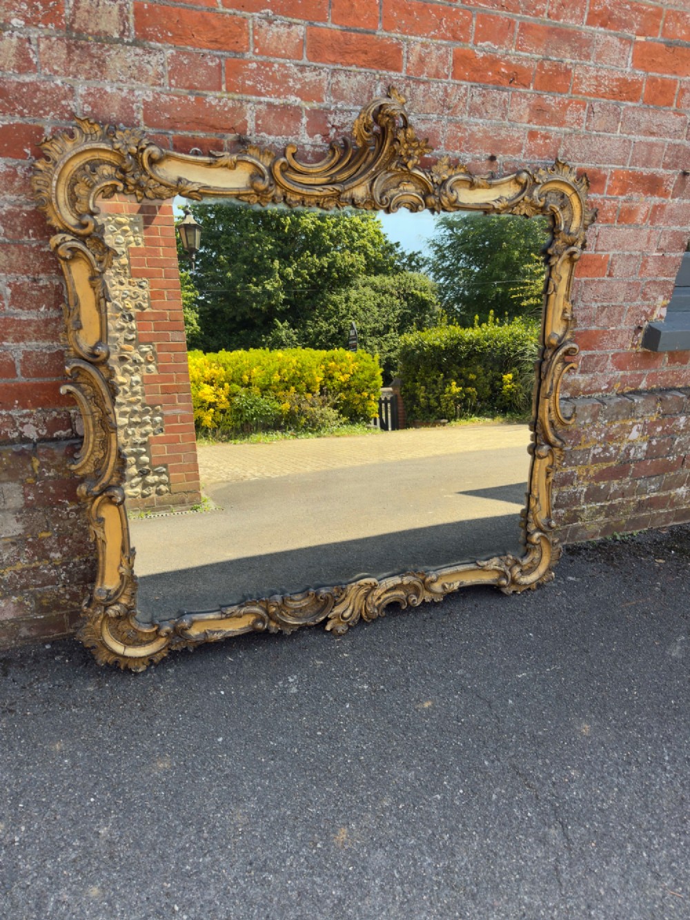 A Delightful large Antique English 19th Century carved wood & gesso gilt Overmantle Mirror. View VI