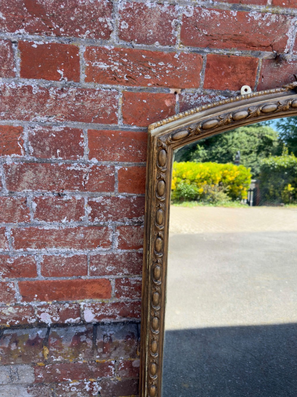 A Fabulous large Antique English 19th Century carved wood & gesso shaped top gilt Overmantle Mirror. View II