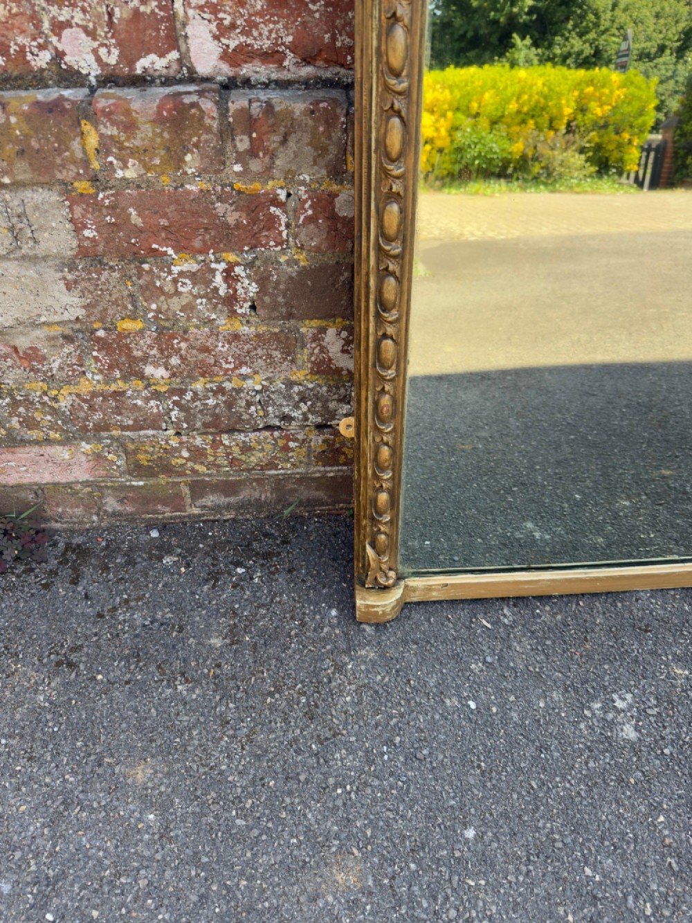 A Fabulous large Antique English 19th Century carved wood & gesso shaped top gilt Overmantle Mirror. View III