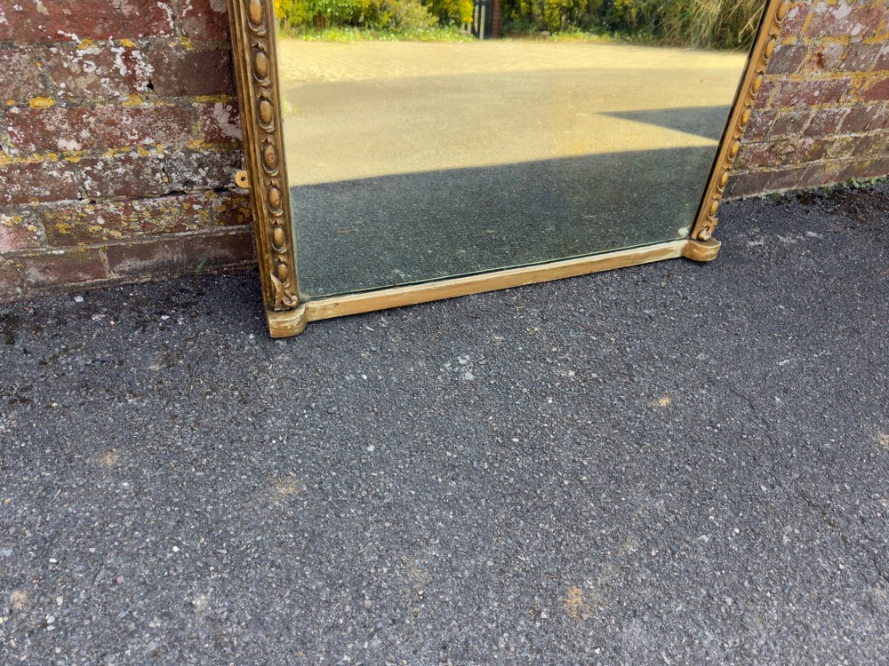 A Fabulous large Antique English 19th Century carved wood & gesso shaped top gilt Overmantle Mirror. View V