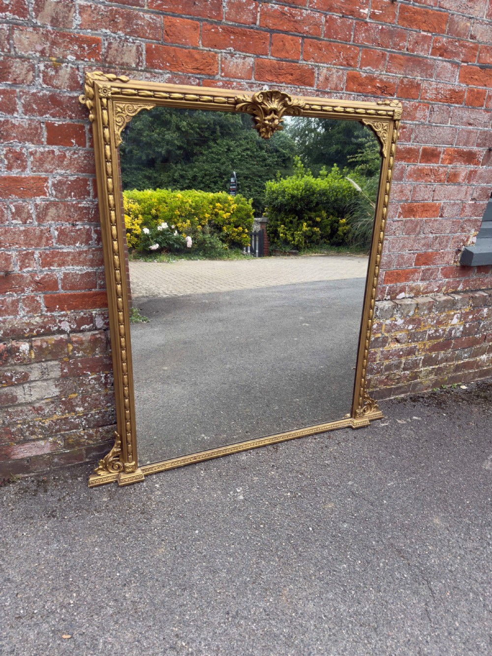 A Delightful large Antique English 19th century carved wood & gesso gilt Overmantle Mirror. View VIII