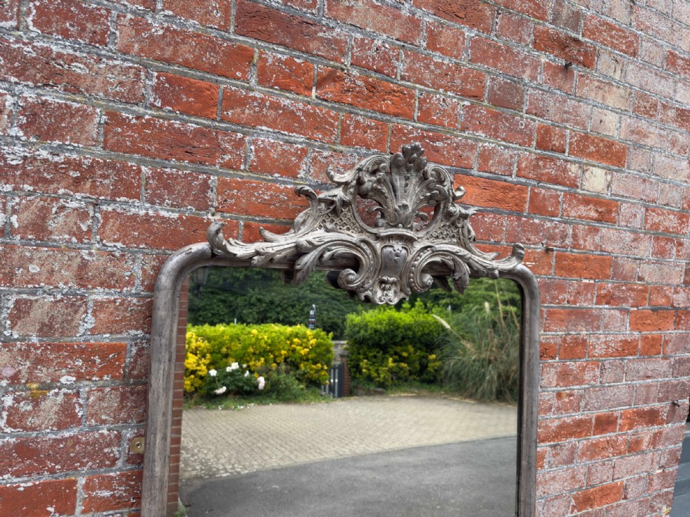 A tall 19th-century French arched mirror with a carved foliate gesso crest and aged silver leaf finish. View III