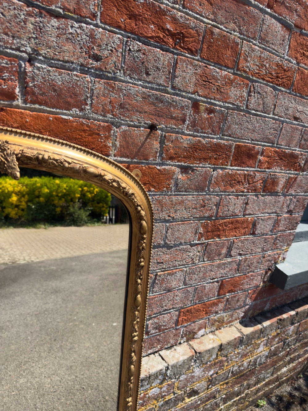 A Large Antique English 19th Century carved wood & gesso arched top gilt Overmantel Mirror. View IV