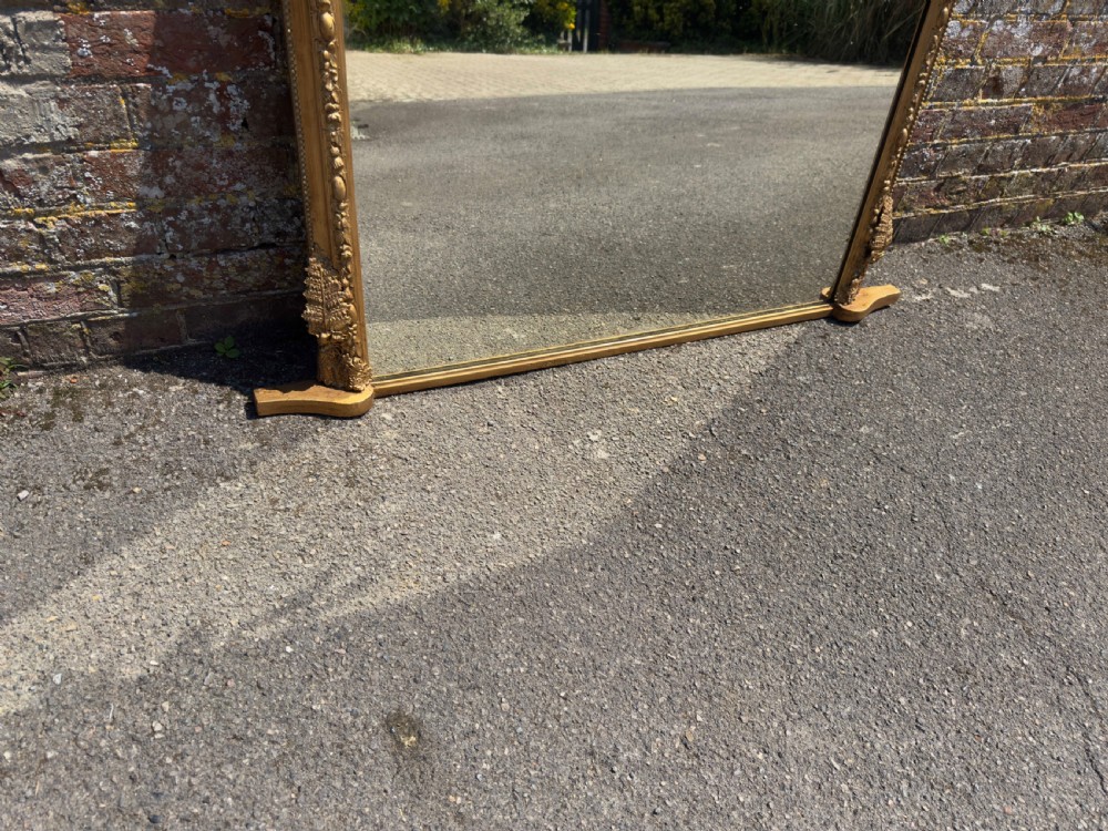 A Large Antique English 19th Century carved wood & gesso arched top gilt Overmantel Mirror. View V