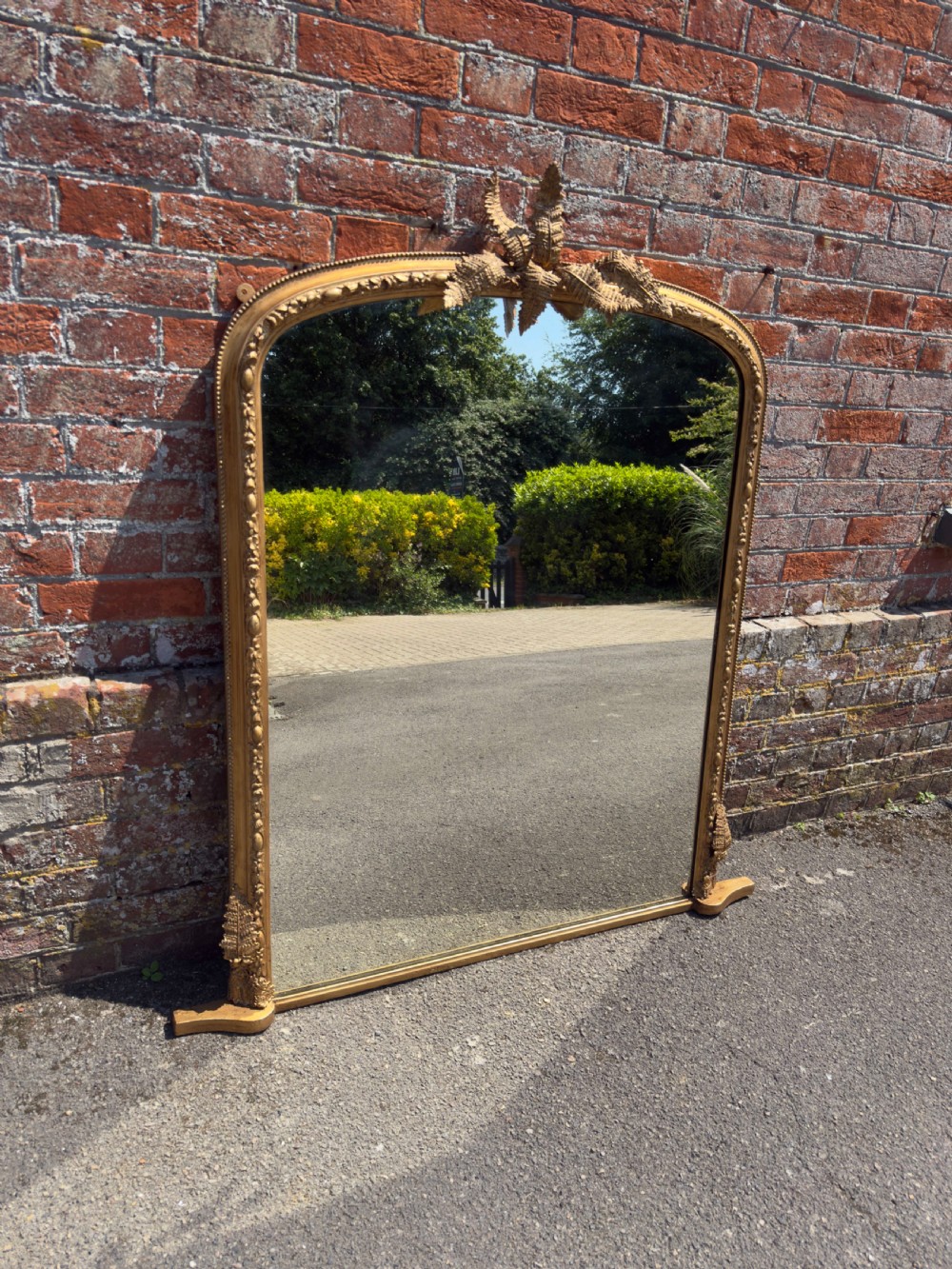 A Large Antique English 19th Century carved wood & gesso arched top gilt Overmantel Mirror. View VIII