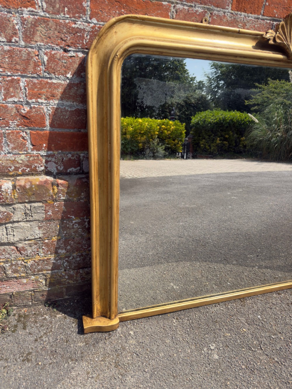 A Superb good size Antique English 19th Century arched top carved wood and gesso gilt Overmantle Mirror. View III
