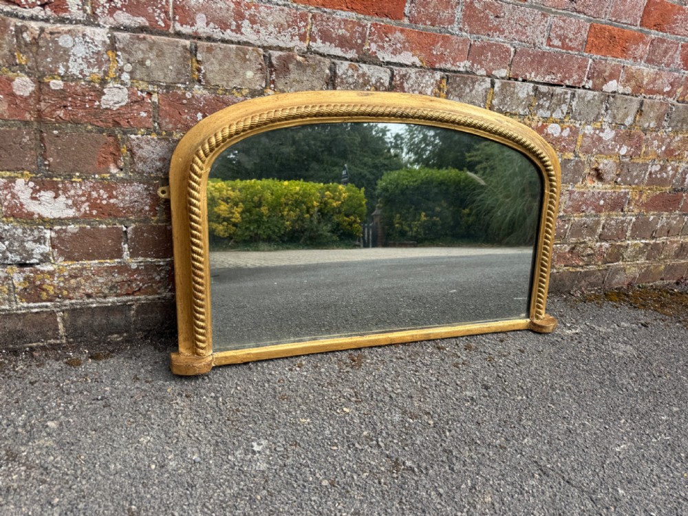 A Delightful good size Antique English 19th Century carved wood & gesso arched top gilt ribbed framed Overmantle Mirror, 