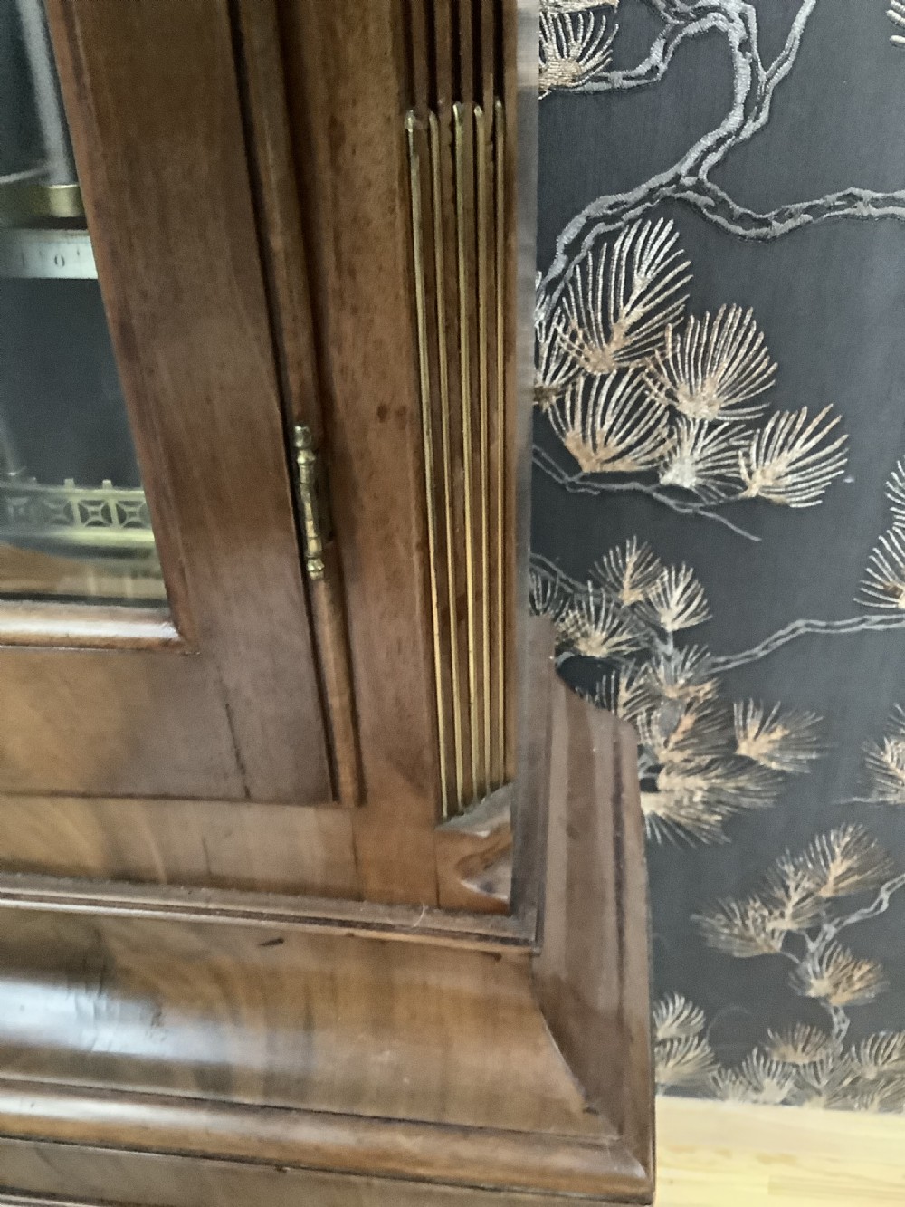 An antique English longcase clock featuring a warm brown timber case, an arched hood, brass spandrels surrounding a clock face, and a central glazed door showing internal weights. View IV