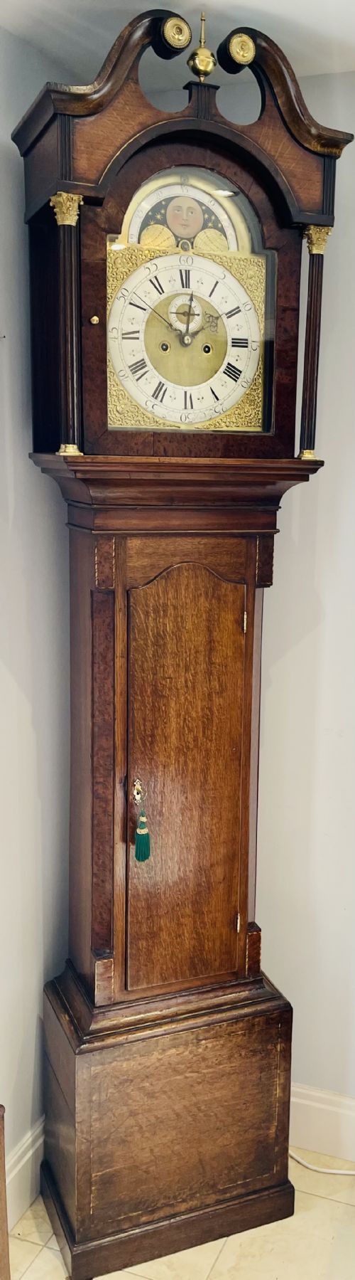 WALNUT OAK GEORGIAN MOONPHASE LONGCASE CLOCK - ADDITIONAL PHOTO 2