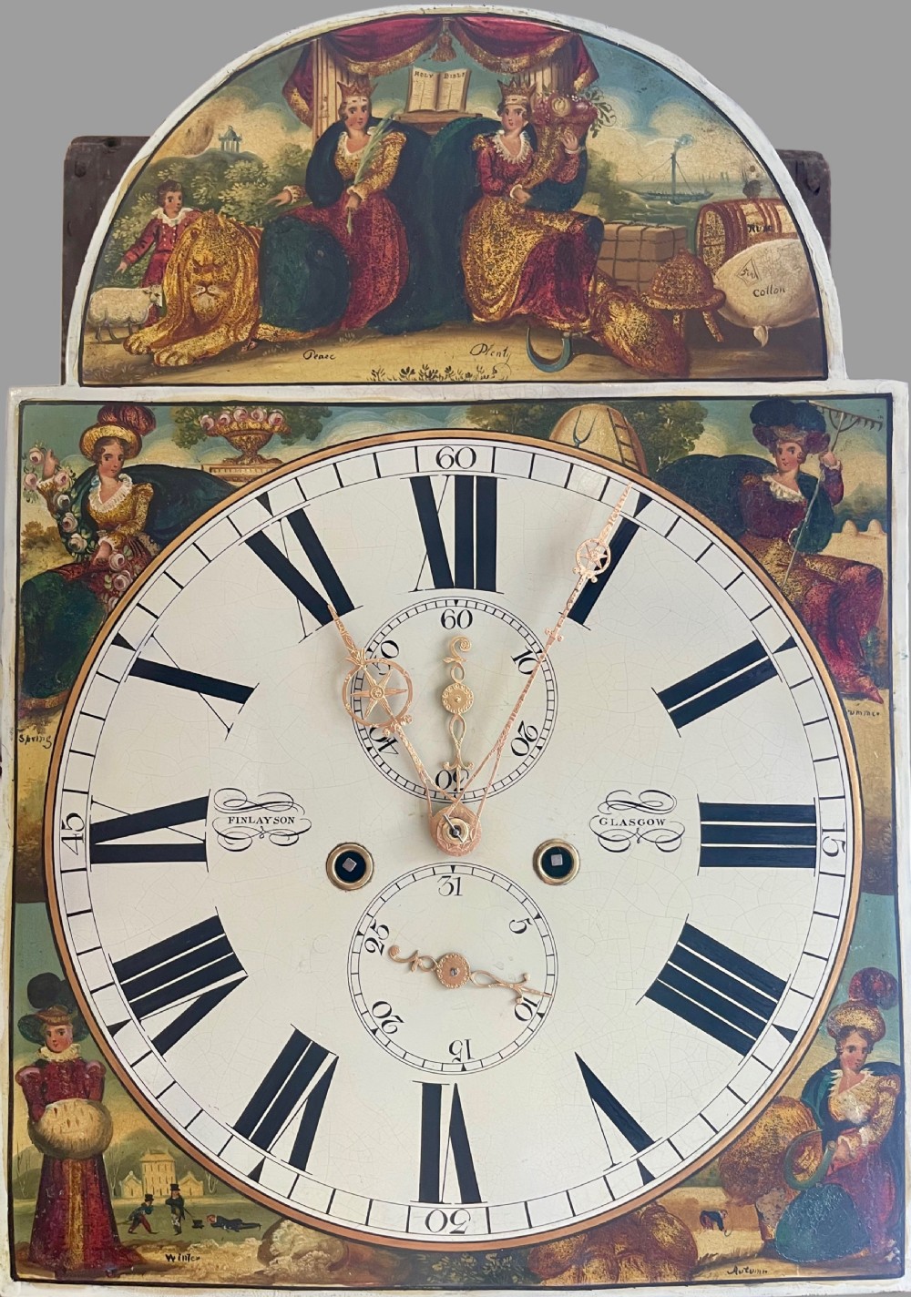 A Georgian flame mahogany longcase clock featuring a swan-neck pediment and a hand-painted arch dial. View XX