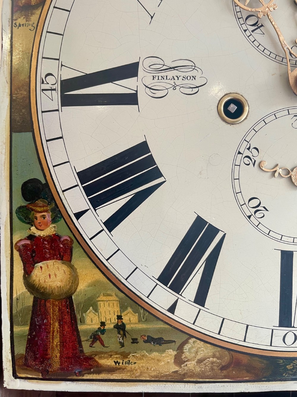 A Georgian flame mahogany longcase clock featuring a swan-neck pediment and a hand-painted arch dial. View XXIII