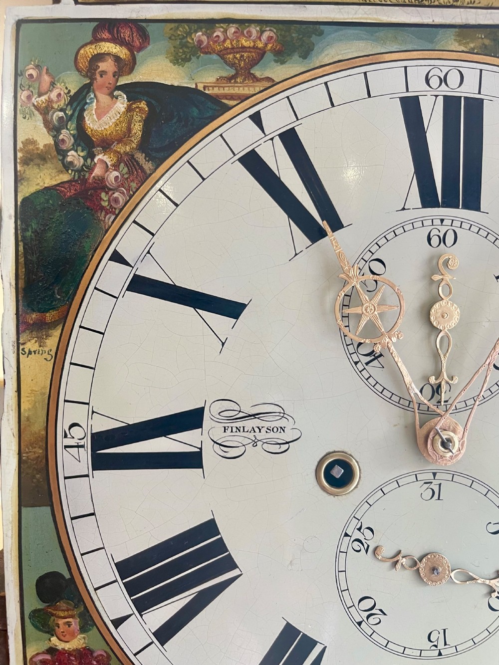 A Georgian flame mahogany longcase clock featuring a swan-neck pediment and a hand-painted arch dial. View XXIV