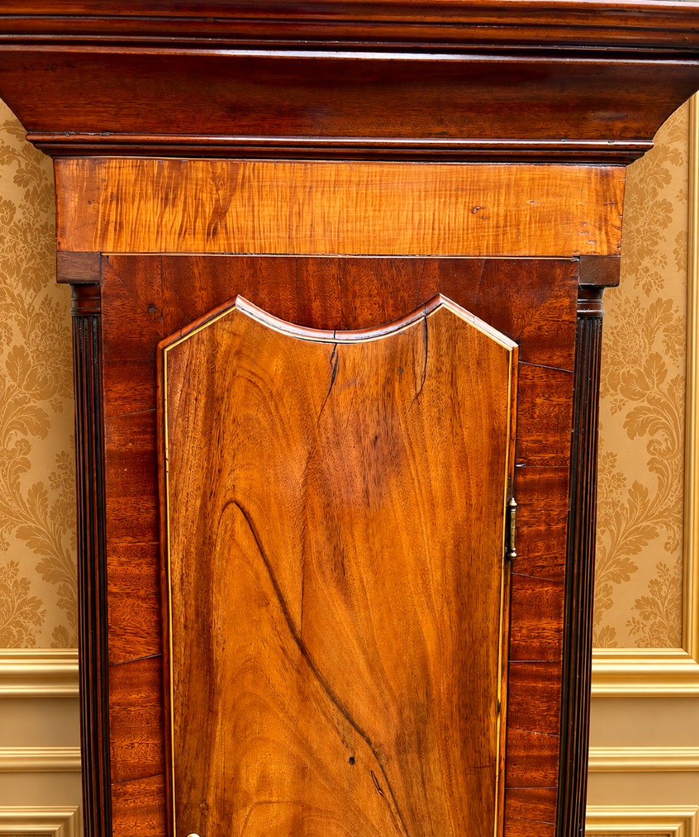 A tall Regency mahogany longcase clock featuring a swan-neck hood pediment, brass finial, fluted columns, and a hand-painted dial with figurative scenes. View III