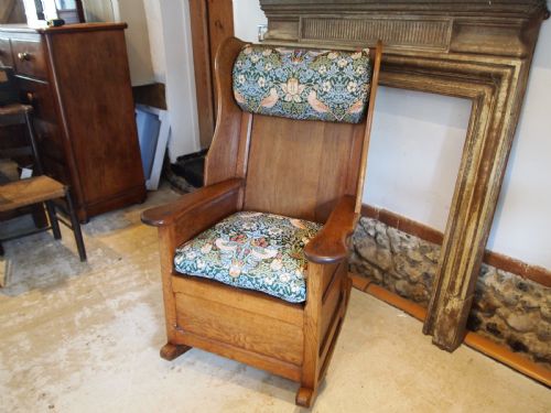 RARE ARTS AND CRAFTS OAK LAMBING ROCKING CHAIR COTSWOLD SCHOOL C1900 - ADDITIONAL PHOTO 5