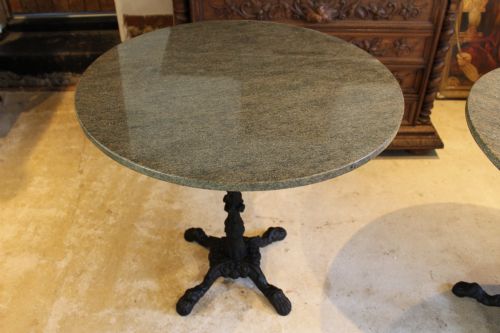 RARE PAIR OF VICTORIAN STYLE CAST IRON GARDEN OR PATIO TABLES POLISHED GRANITE TOPS - ADDITIONAL PHOTO 2