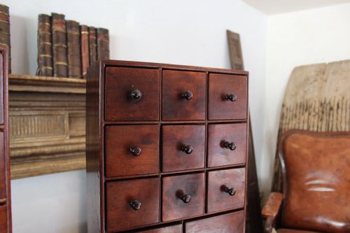 fig 3. A pair of matching early nineteenth-century tabletop wooden apothecary chests featuring multiple small drawers with turned wooden knobs and a warm brown finish.