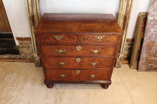 fig 1. A compact George II walnut chest of drawers featuring decorative brass handles, crossbanded veneer top, and turned bun feet.
