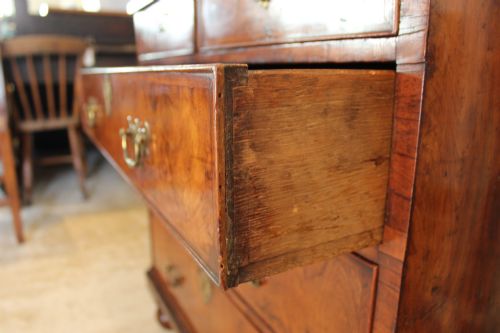 fig 2. A compact George II walnut chest of drawers featuring decorative brass handles, crossbanded veneer top, and turned bun feet.