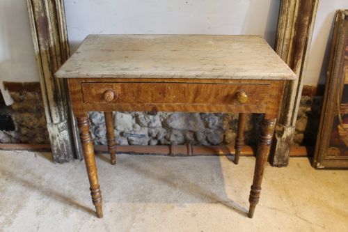 fig 2. A mid-19th-century Victorian side table with a single drawer, turned legs, turned wooden knobs, and an authentic warm brown scumble glaze finish.