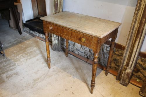 fig 5. A mid-19th-century Victorian side table with a single drawer, turned legs, turned wooden knobs, and an authentic warm brown scumble glaze finish.