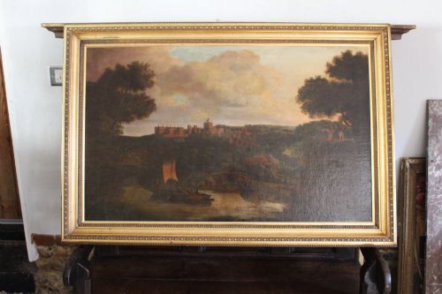 Painting Large 18th Century Oil on Canvas Windsor Castle Naive C1780