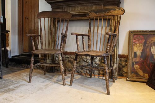 Rare Pair of Victorian Elm and Beech Windsor Armchairs, C.1880