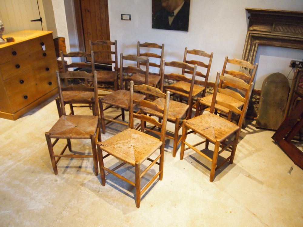 Chairs rare set of 10 Arts and Crafts Gardiner Clissett chairs c1910 View VII