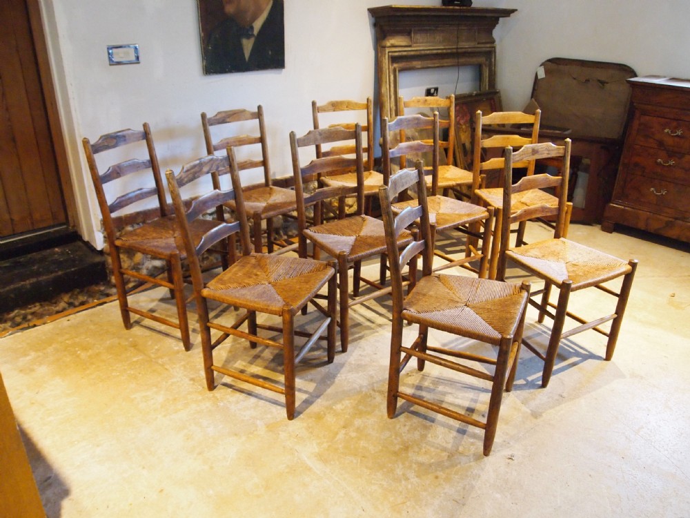 Chairs rare set of 10 Arts and Crafts Gardiner Clissett chairs c1910 View IX