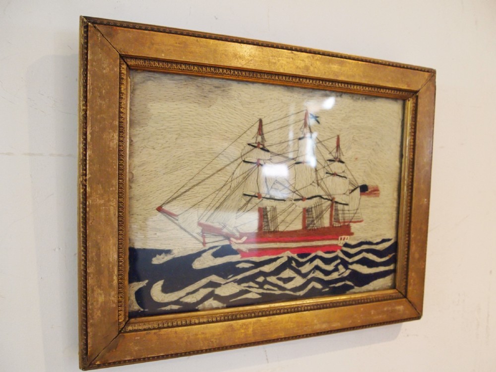 Rare naive sailors wool work picture c1880 View VI
