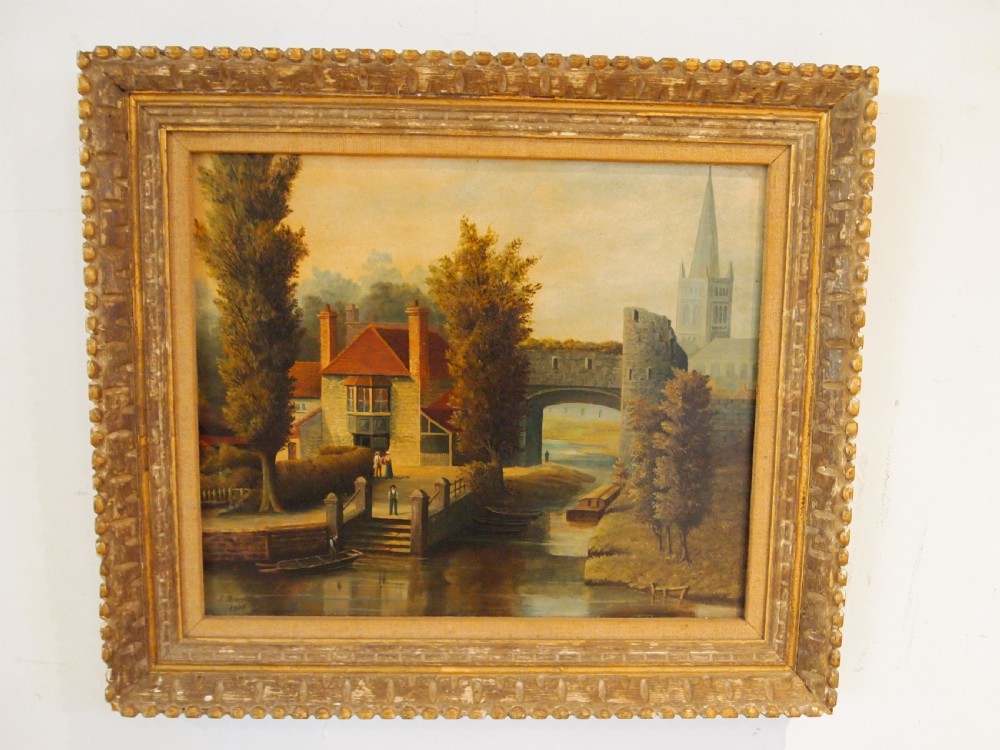 Rare naive oil of Pulls Ferry Norwich John Broughton d1908