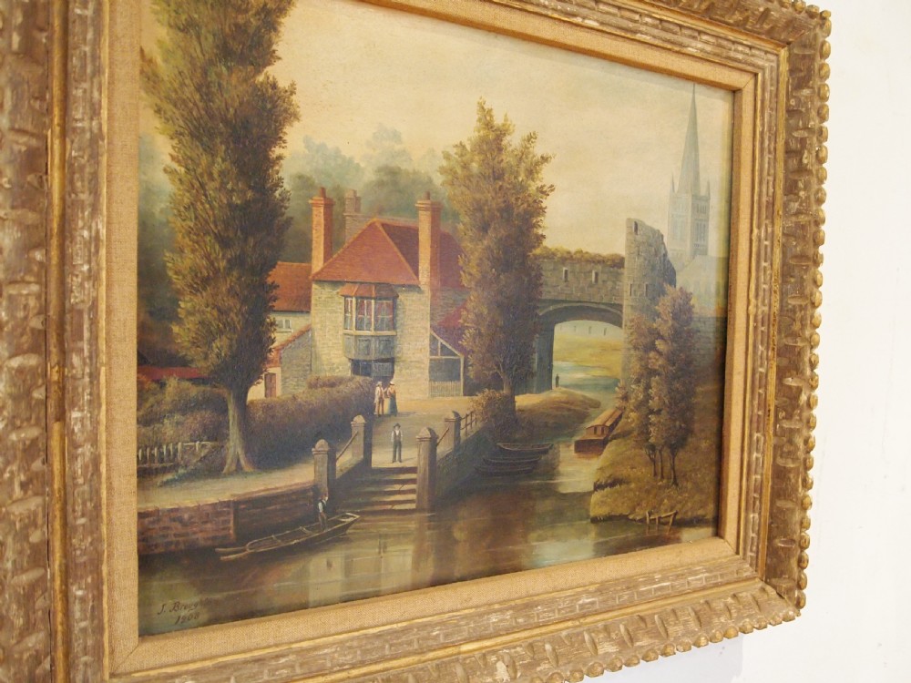 Rare naive oil of Pulls Ferry Norwich John Broughton d1908 View II