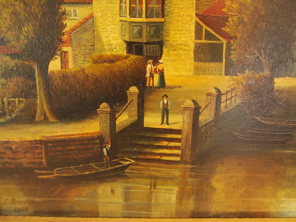 Rare naive oil of Pulls Ferry Norwich John Broughton d1908 View III