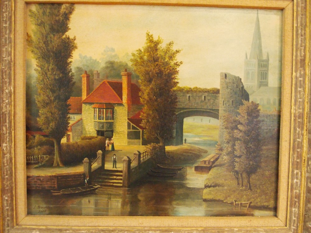 Rare naive oil of Pulls Ferry Norwich John Broughton d1908 View VII