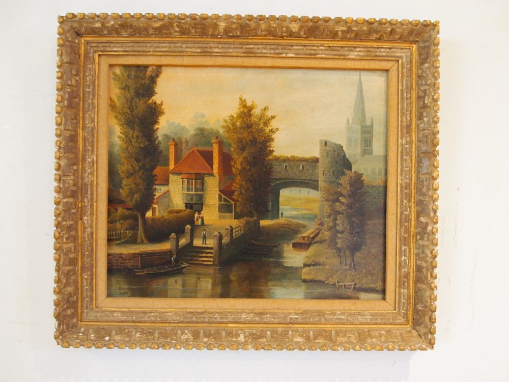 Rare naive oil of Pulls Ferry Norwich John Broughton d1908 View VIII