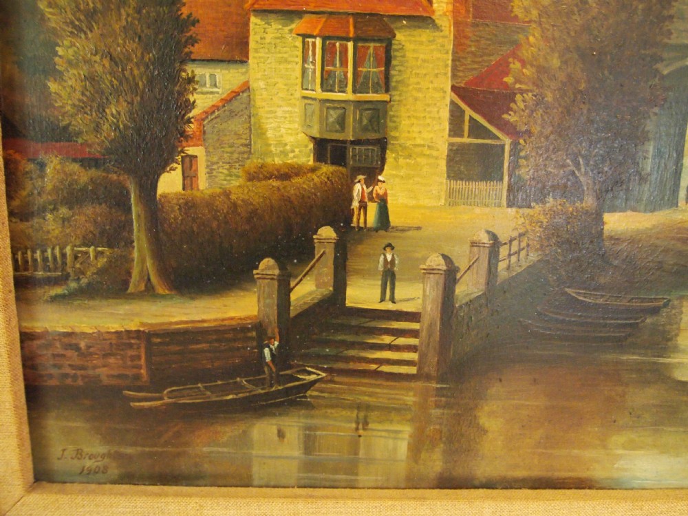 Rare naive oil of Pulls Ferry Norwich John Broughton d1908 View IX