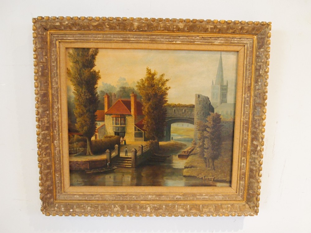 Rare naive oil of Pulls Ferry Norwich John Broughton d1908 View XI