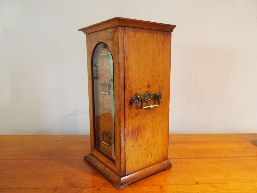 A tall Victorian oak collectors chest with an arched glass door enclosing internal drawers fitted with brass handles. View III