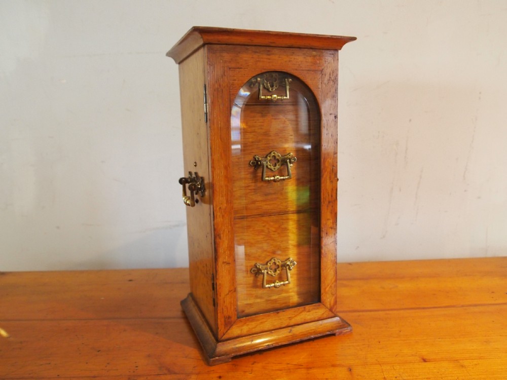 A tall Victorian oak collectors chest with an arched glass door enclosing internal drawers fitted with brass handles. View XIII