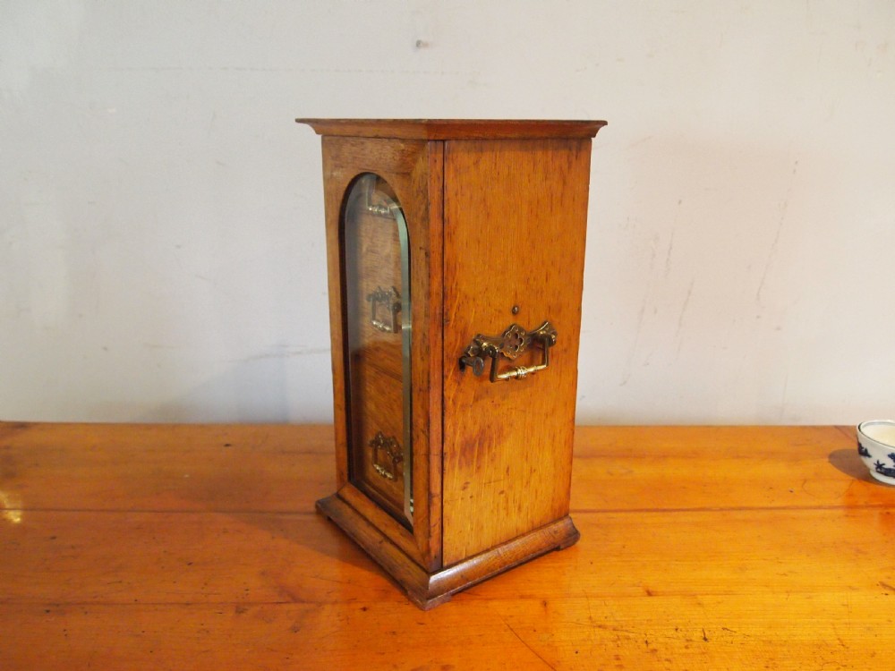 A tall Victorian oak collectors chest with an arched glass door enclosing internal drawers fitted with brass handles. View XIV