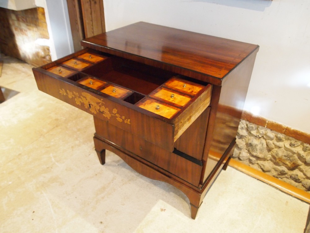 A warm brown Italian timber commode featuring decorative botanical marquetry inlays, two drawers, and square tapered feet. View XI