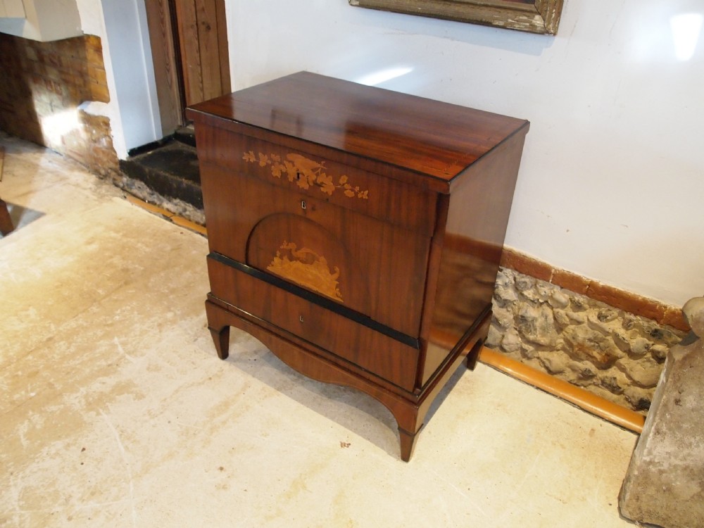 A warm brown Italian timber commode featuring decorative botanical marquetry inlays, two drawers, and square tapered feet. View XIII